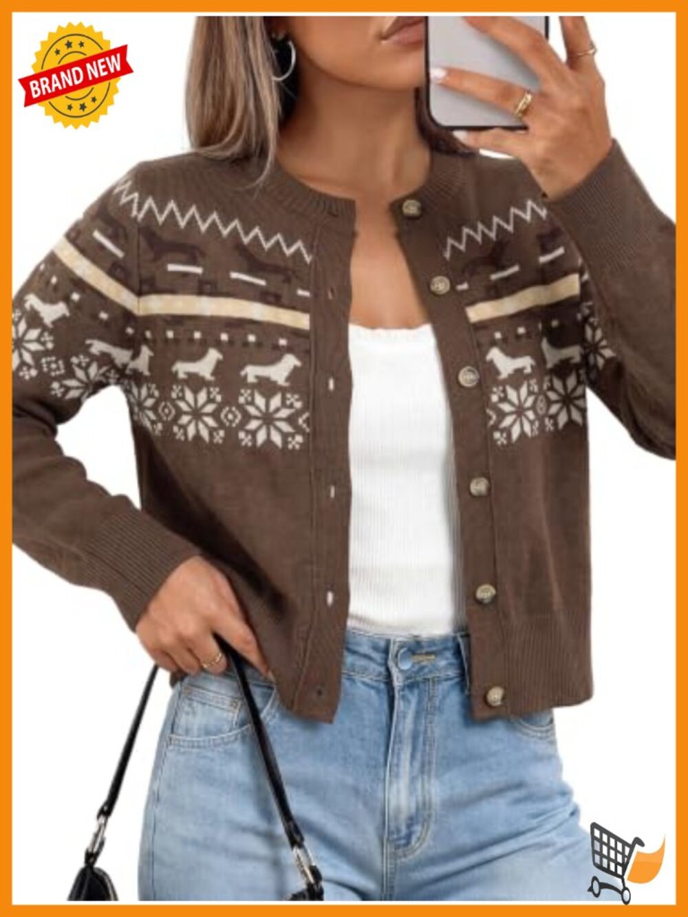 Fair Isle Cropped Button Front Knit Cardigan Sweater Merino Wool Blend